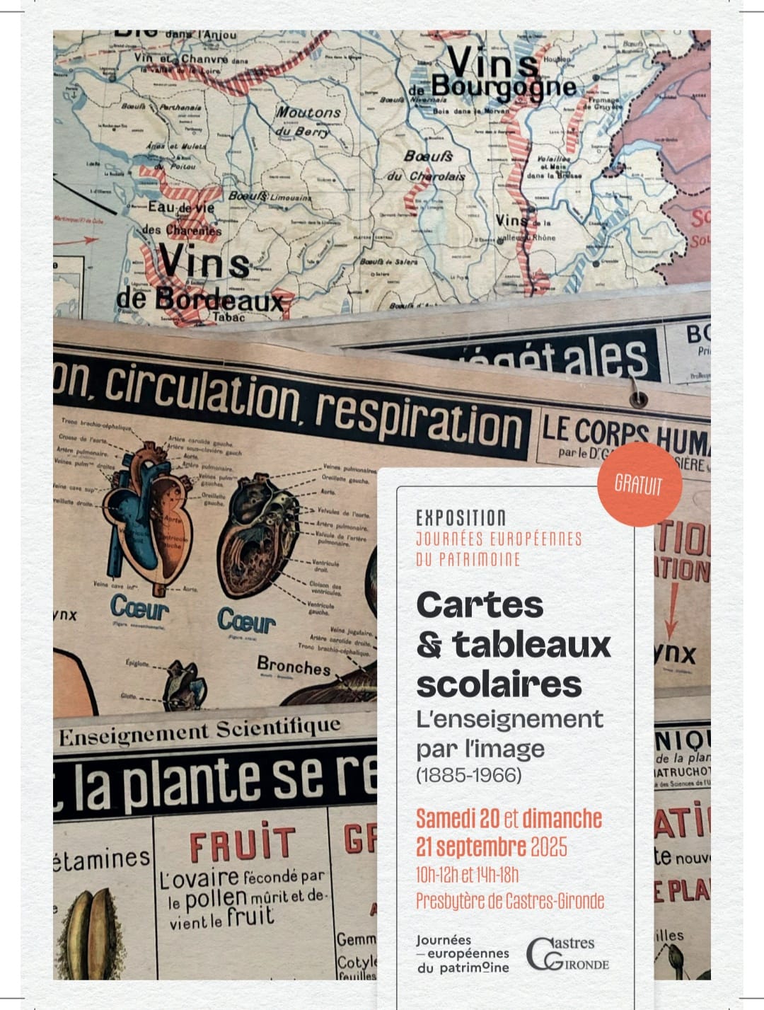 Flyer de l'exposition Cartes & tableaux scolaires avec une image d'anciennes cartes. Du samedi 20 au dimanche 21 septembre