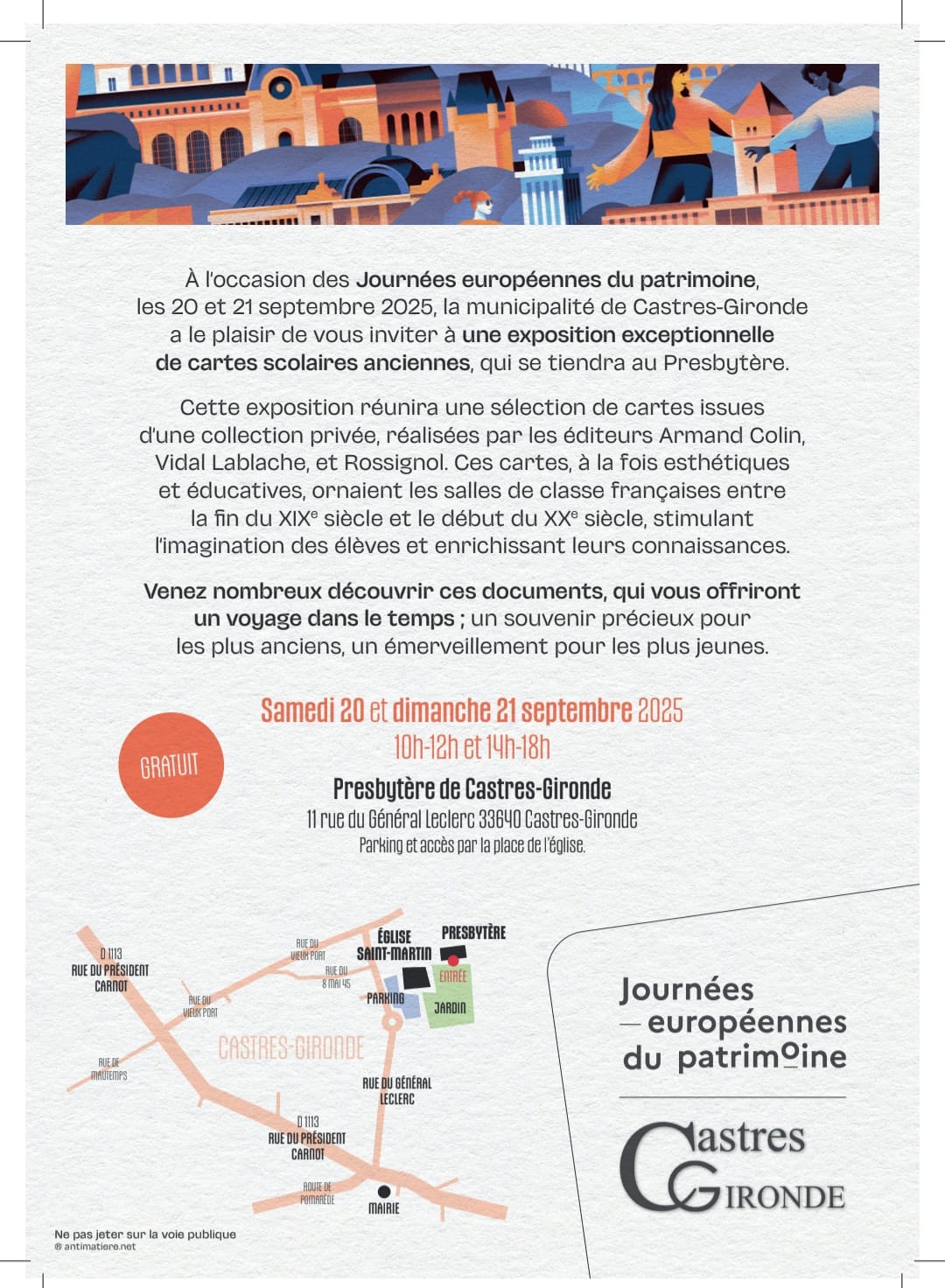 Flyer de l'exposition Cartes & tableaux scolaires. L'exposition a lieu au presbytère de Castres-Gironde